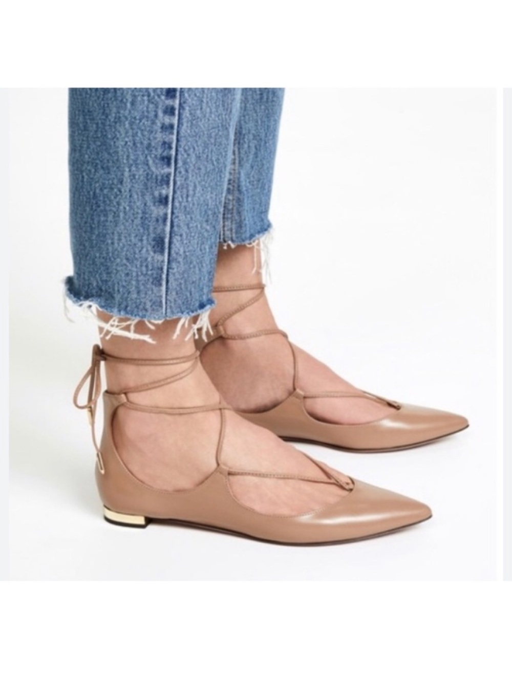 Aquazzura Christy Flat Tie-Ankle Pointed Toe Ballet in Nude - size 36